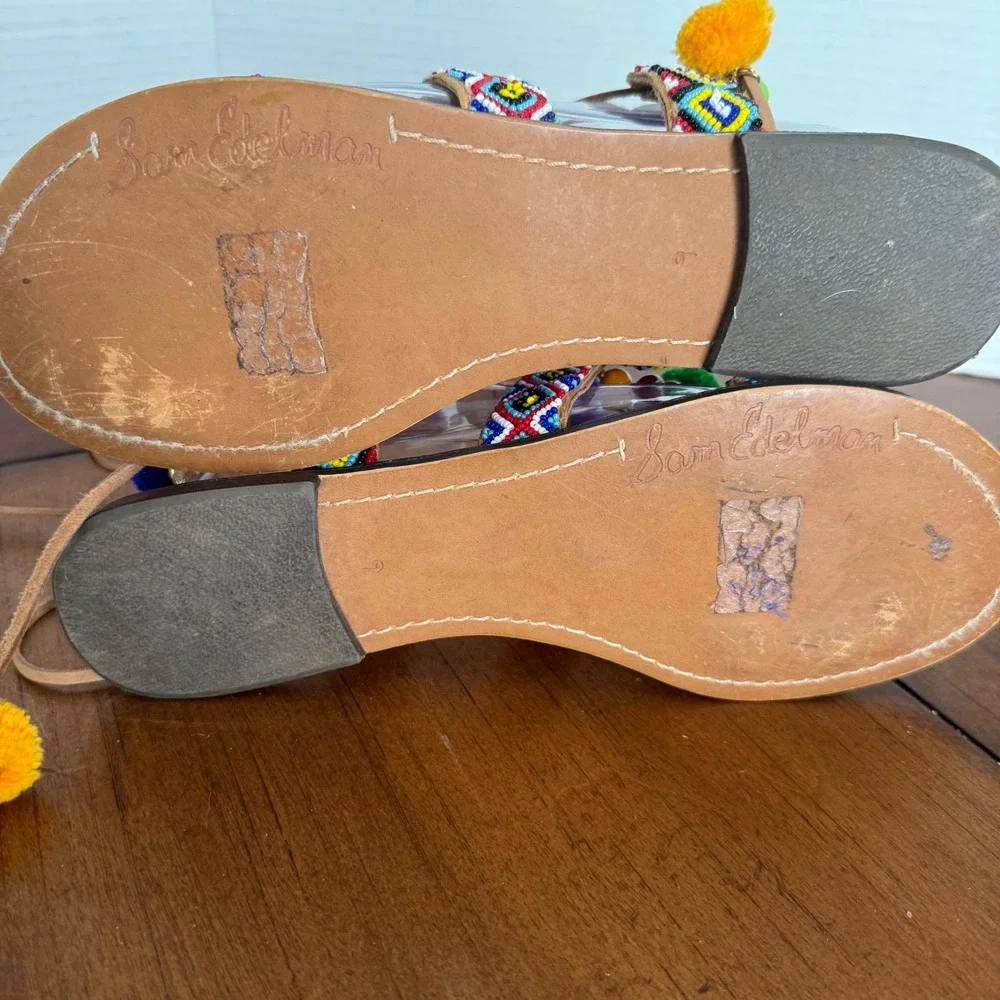 Sam‎ Edelman Lisabeth 9 Lace Up Beaded PomPom Colorful Summer Spring Sandals